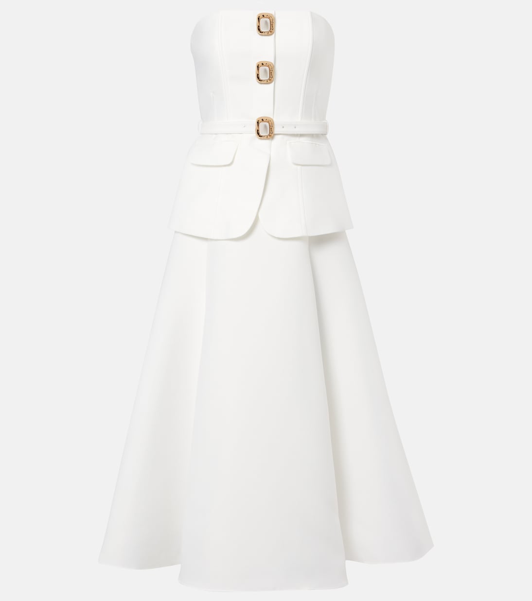 Свадебное платье миди из тафты без бретелей Self-Portrait, белый 
Свадебное платье миди из тафты без бретелей Self-Portrait, белый