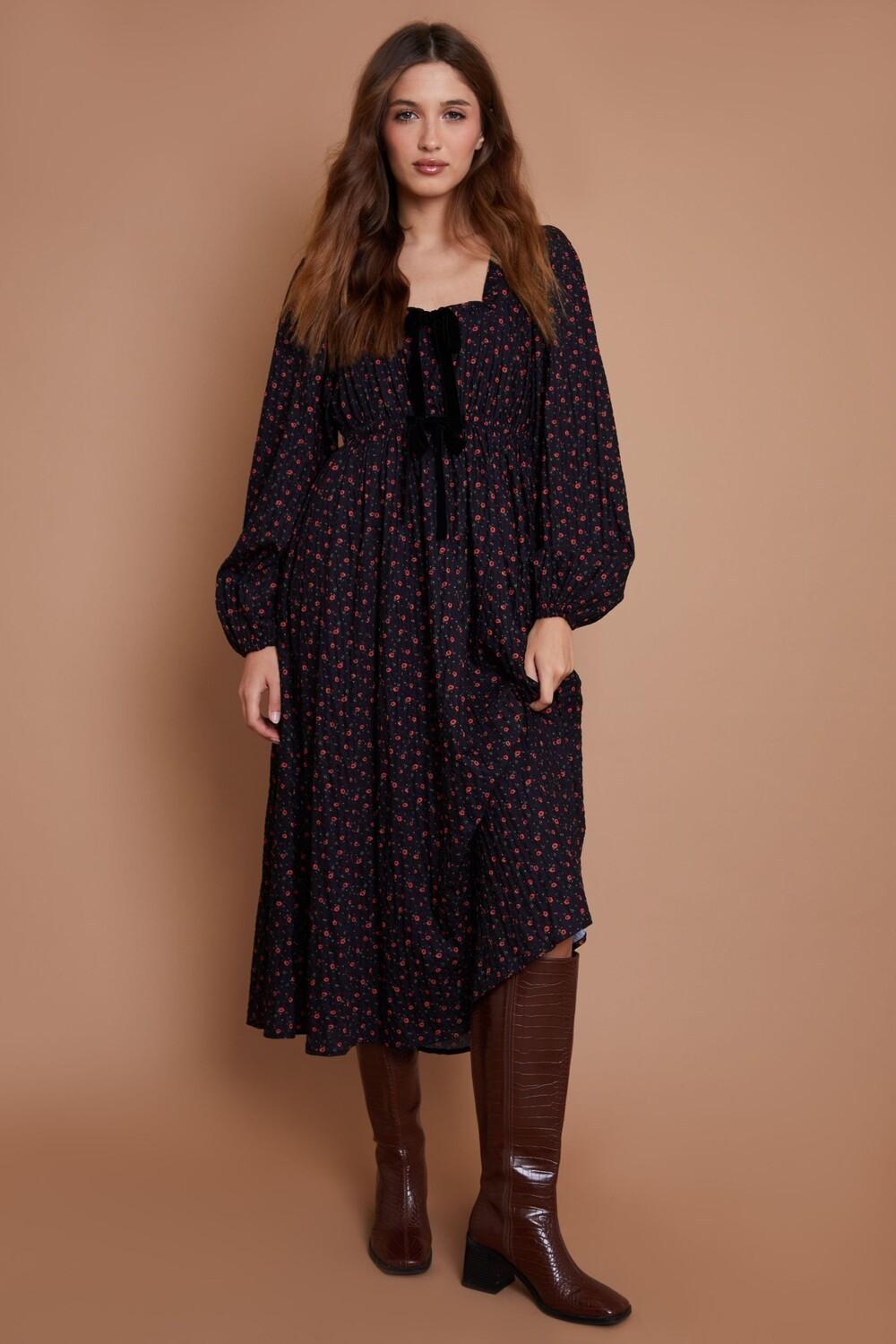 100% хлопок, мелкий рисунок молочницы, длинный рукав, бархатный бант платье Another Sunday, черный