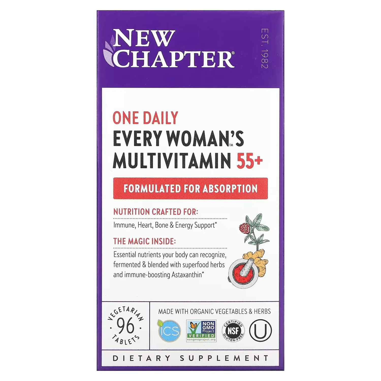 New Chapter, 55+ Every Woman's One Daily, витаминный комплекс на основе цельных продуктов для женщин старше 55 лет, 96 вегетарианских таблеток
New Chapter, 55+ Every Woman's One Daily, витаминный комплекс на основе цельных продуктов для женщин старше 55 лет, 96 вегетарианских таблеток