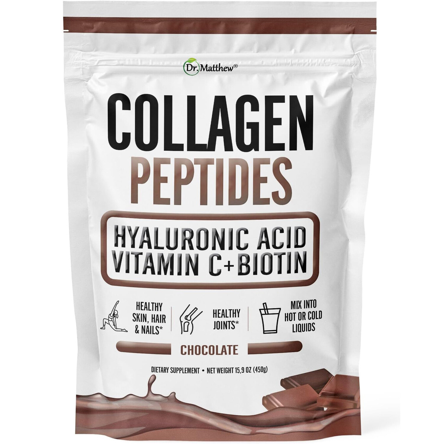 Коллаген Dr. Matthew Chocolate Peptides Powder With Hyaluronic Acid, Vitamin C & Biotin, 450 гр
Коллаген Dr. Matthew Chocolate Peptides Powder With Hyaluronic Acid, Vitamin C & Biotin, 450 гр