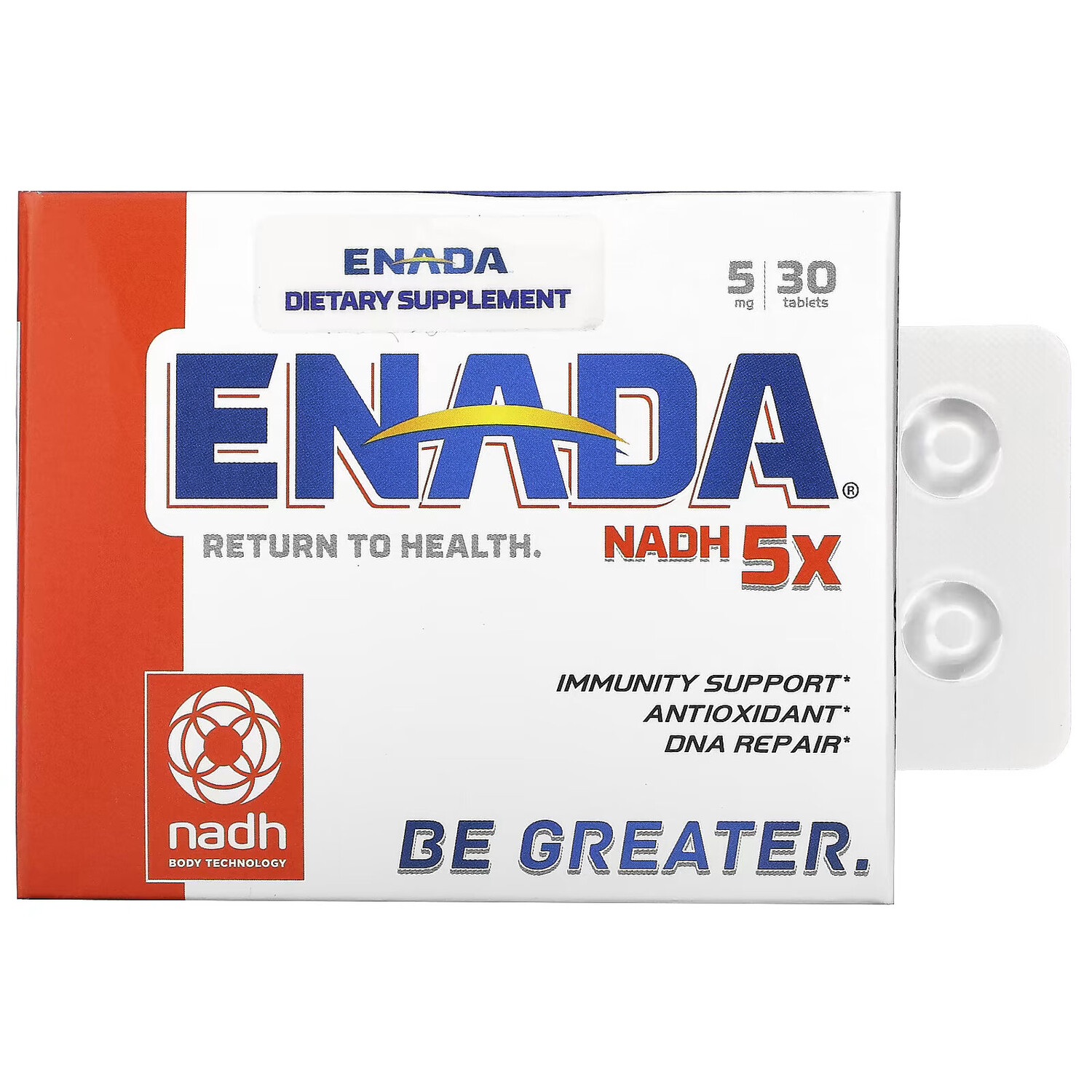 Добавка ENADA, NADH 5x, 5 мг, 30 таблеток
Добавка ENADA, NADH 5x, 5 мг, 30 таблеток