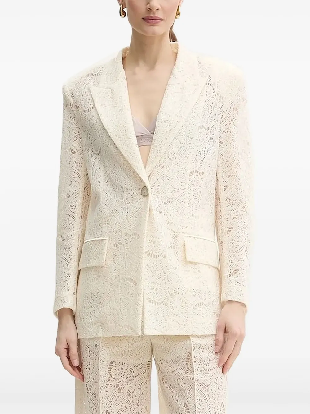 Однобортный блейзер с кружевными вставками Simona Corsellini, нейтральный
Однобортный блейзер с кружевными вставками Simona Corsellini, нейтральный