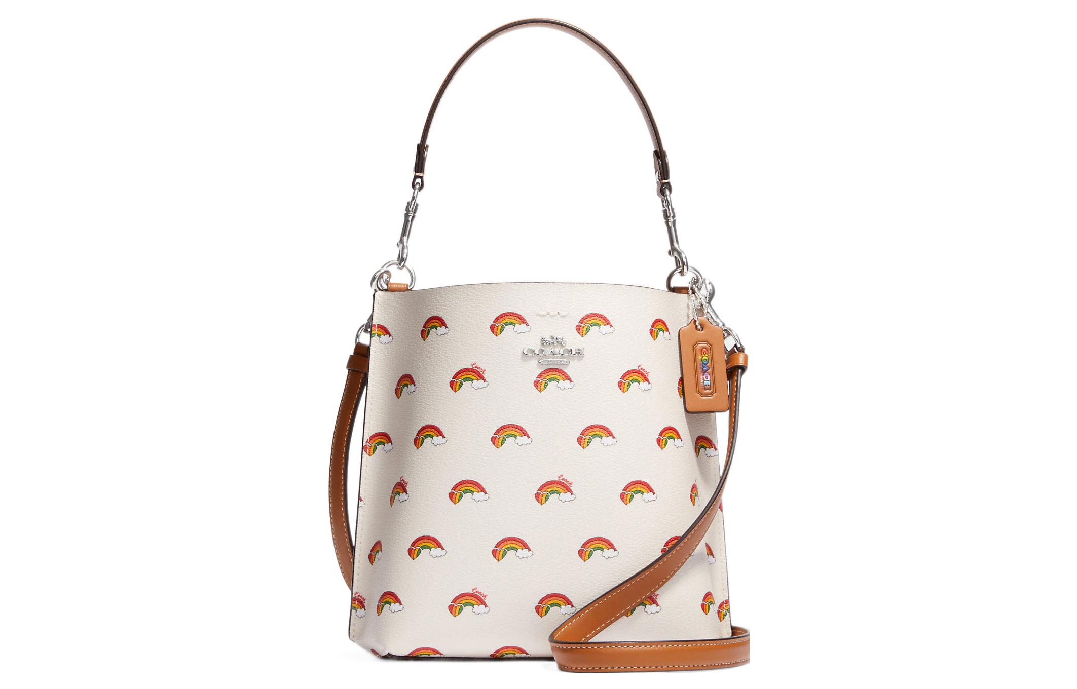 COACH Сумка-ведро из кожи и холста через плечо женская белая с радугой
COACH Сумка-ведро из кожи и холста через плечо женская белая с радугой