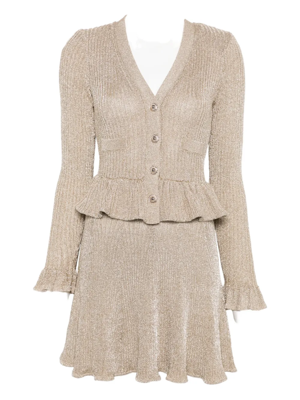 Мини-платье с люрексом и баской на талии Self-Portrait, золотой 
Мини-платье с люрексом и баской на талии Self-Portrait, золотой