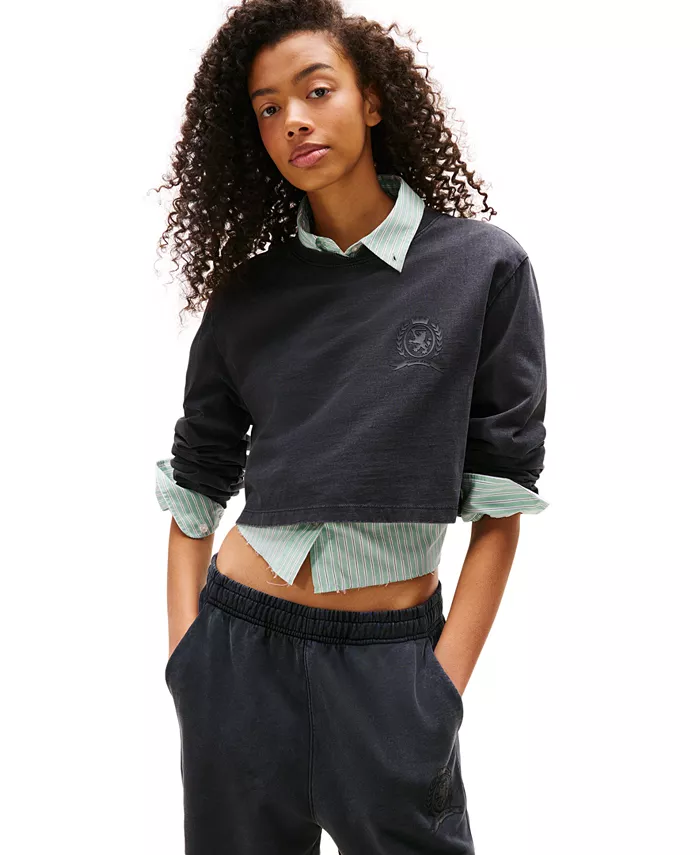 Женская хлопковая футболка свободного кроя с воротником-стойкой и гербом Tommy Jeans, черный
Женская хлопковая футболка свободного кроя с воротником-стойкой и гербом Tommy Jeans, черный