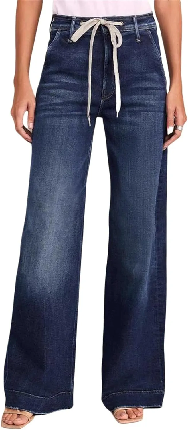 Женские джинсы с эластичным поясом на шнурке, широкие прямые
Женские джинсы с эластичным поясом на шнурке, широкие прямые