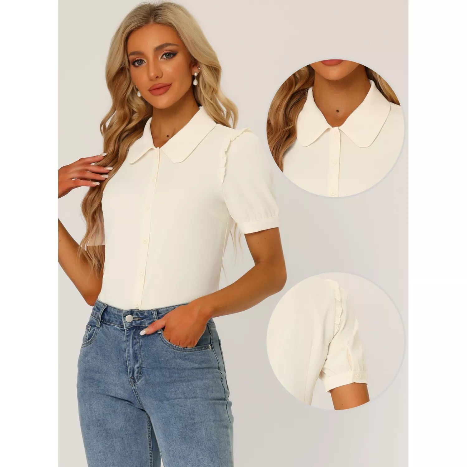 Женский топ с воротником, рубашки с воротником Питера Пэна и короткими рукавами, на пуговицах спереди ALLEGRA K, белый
Женский топ с воротником, рубашки с воротником Питера Пэна и короткими рукавами, на пуговицах спереди ALLEGRA K, белый
