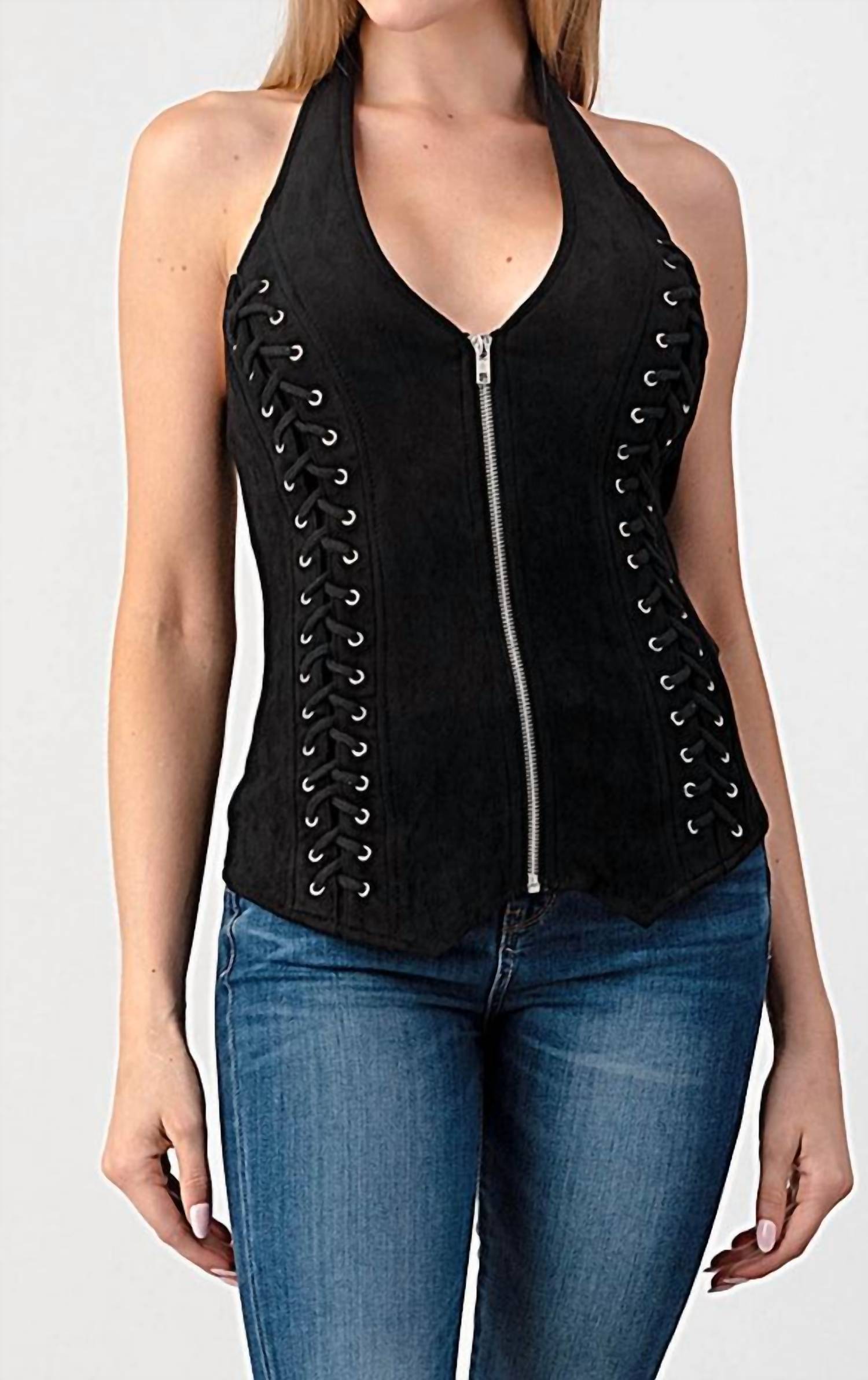 Топ из искусственной замши Ozark на молнии черного цвета Lydia
Топ из искусственной замши Ozark на молнии черного цвета Lydia