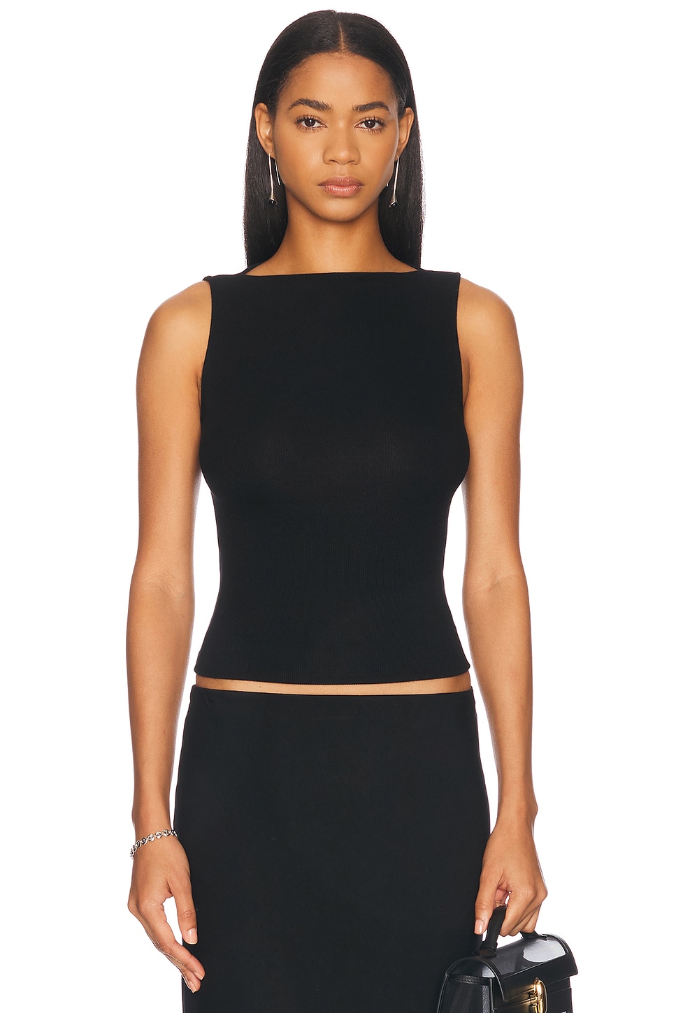 Шелковый вязаный топ без рукавов с лодочкой Enza Costa, Black 
Шелковый вязаный топ без рукавов с лодочкой Enza Costa, Black