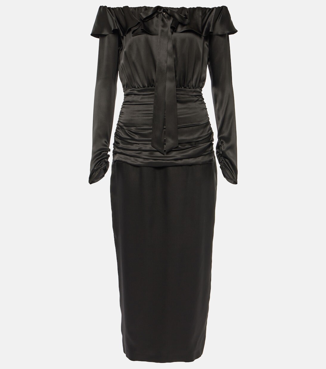 Шелковое платье миди с открытыми плечами Alessandra Rich, черный 
Шелковое платье миди с открытыми плечами Alessandra Rich, черный
