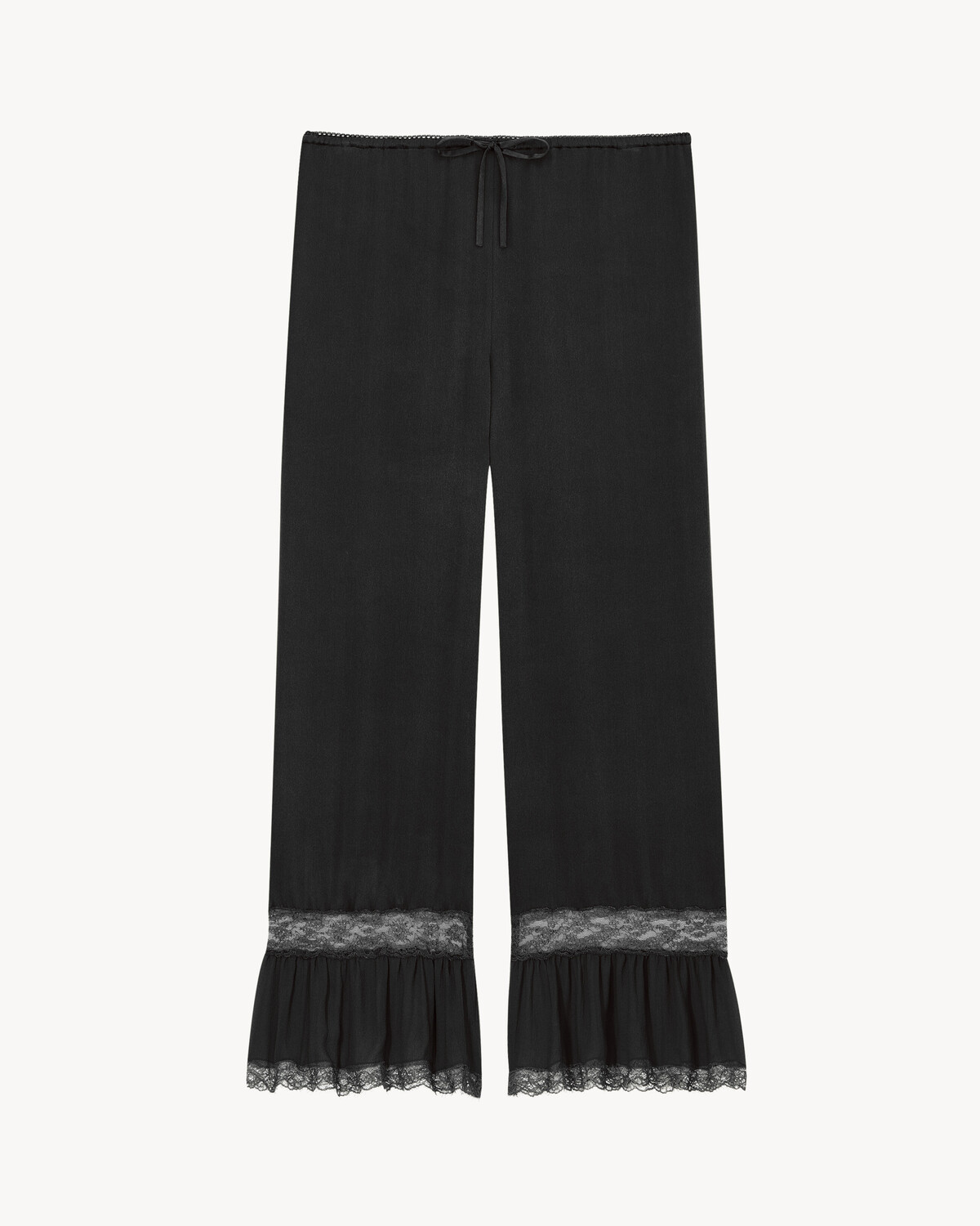 Шелковые атласные брюки с кружевными манжетами Saint Laurent, черный
Шелковые атласные брюки с кружевными манжетами Saint Laurent, черный