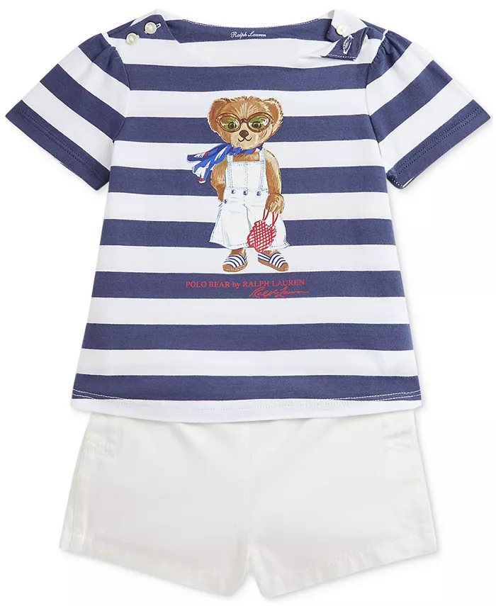 Комплект для девочек: полосатая футболка-поло с медвежонком и шорты из твила Polo Ralph Lauren, синий
Комплект для девочек: полосатая футболка-поло с медвежонком и шорты из твила Polo Ralph Lauren, синий