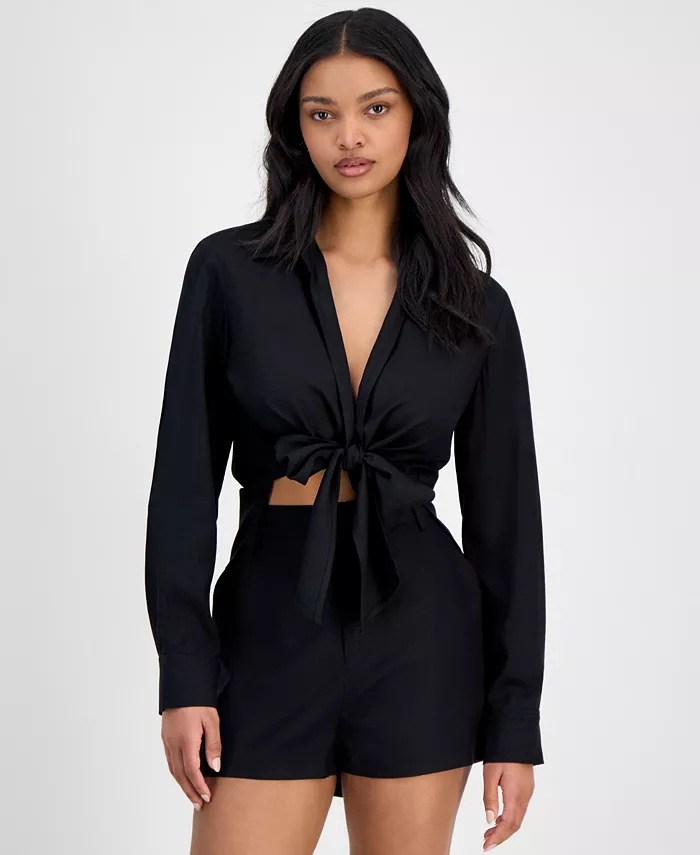 Женская блузка с воротником и завязками на подоле Bar III, черный
Женская блузка с воротником и завязками на подоле Bar III, черный