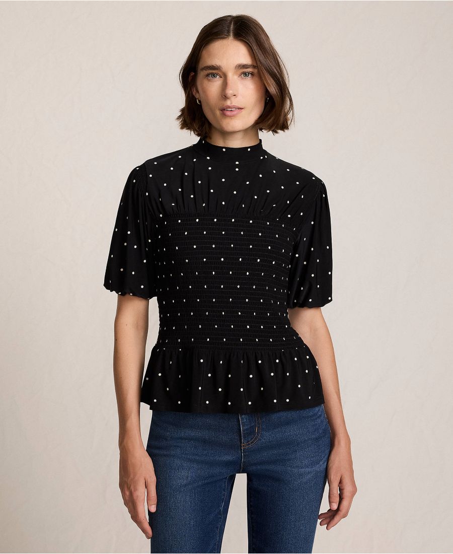 Женская шелковистая трикотажная блузка с рукавами-пузырями, сборками и воротником-стойкой Lands' End, Black/ivory dot
Женская шелковистая трикотажная блузка с рукавами-пузырями, сборками и воротником-стойкой Lands' End, Black/ivory dot