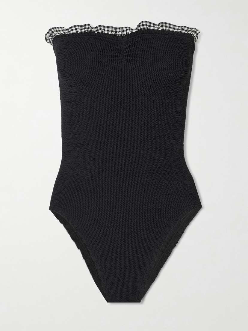 Купальник Dolly без бретелек с оборками в клетку виши Hunza G, черный
Купальник Dolly без бретелек с оборками в клетку виши Hunza G, черный