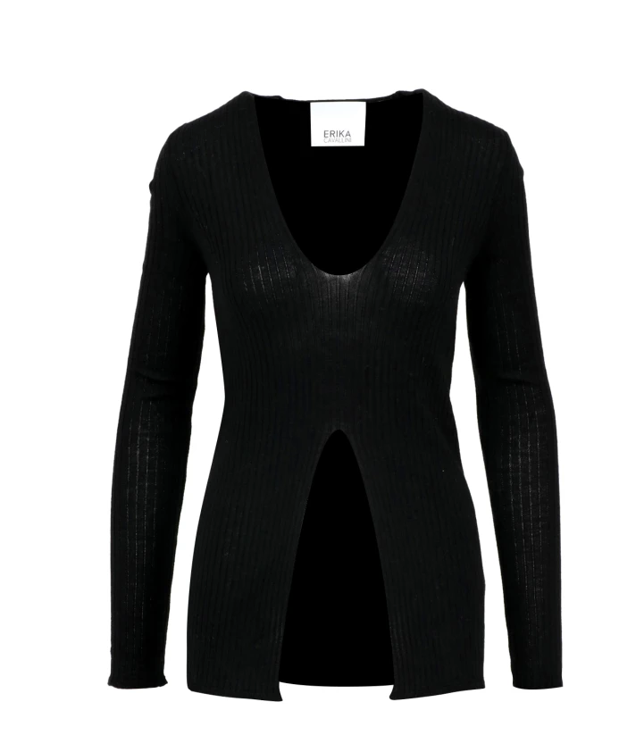 Черный свитер из мериносовой шерсти в рубчик Erika Cavallini, черный
Черный свитер из мериносовой шерсти в рубчик Erika Cavallini, черный