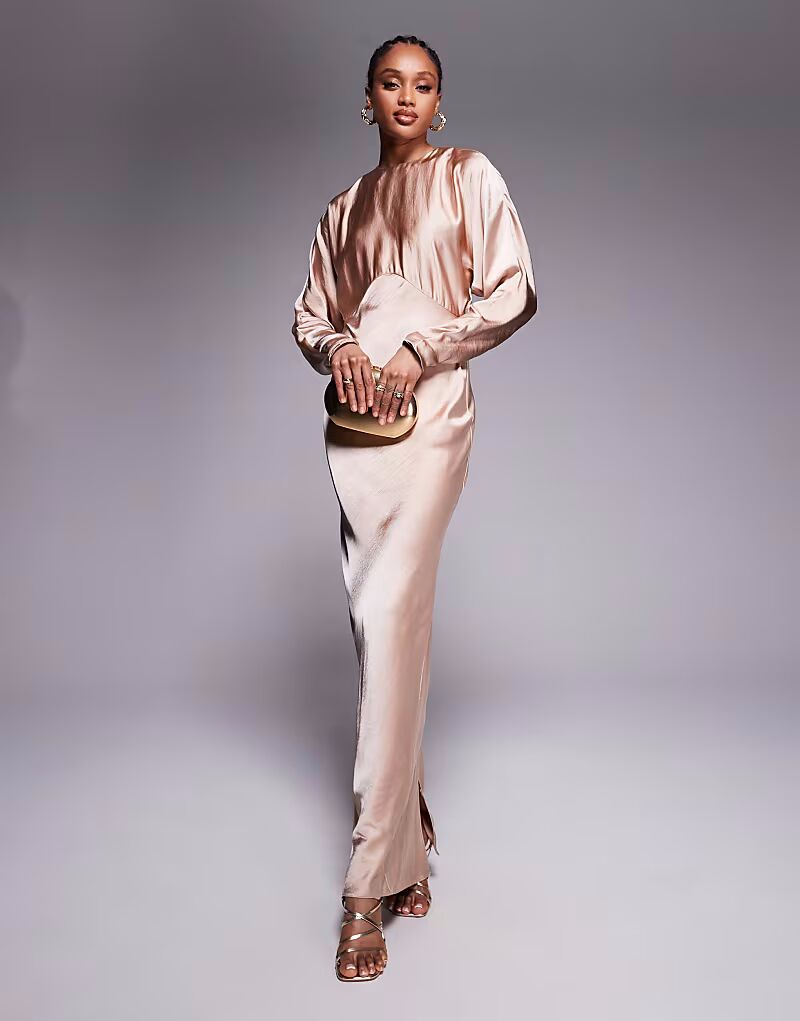 ASOS DESIGN Длинное атласное платье макси с рукавами «летучая мышь» кремового цвета ASOS Tall