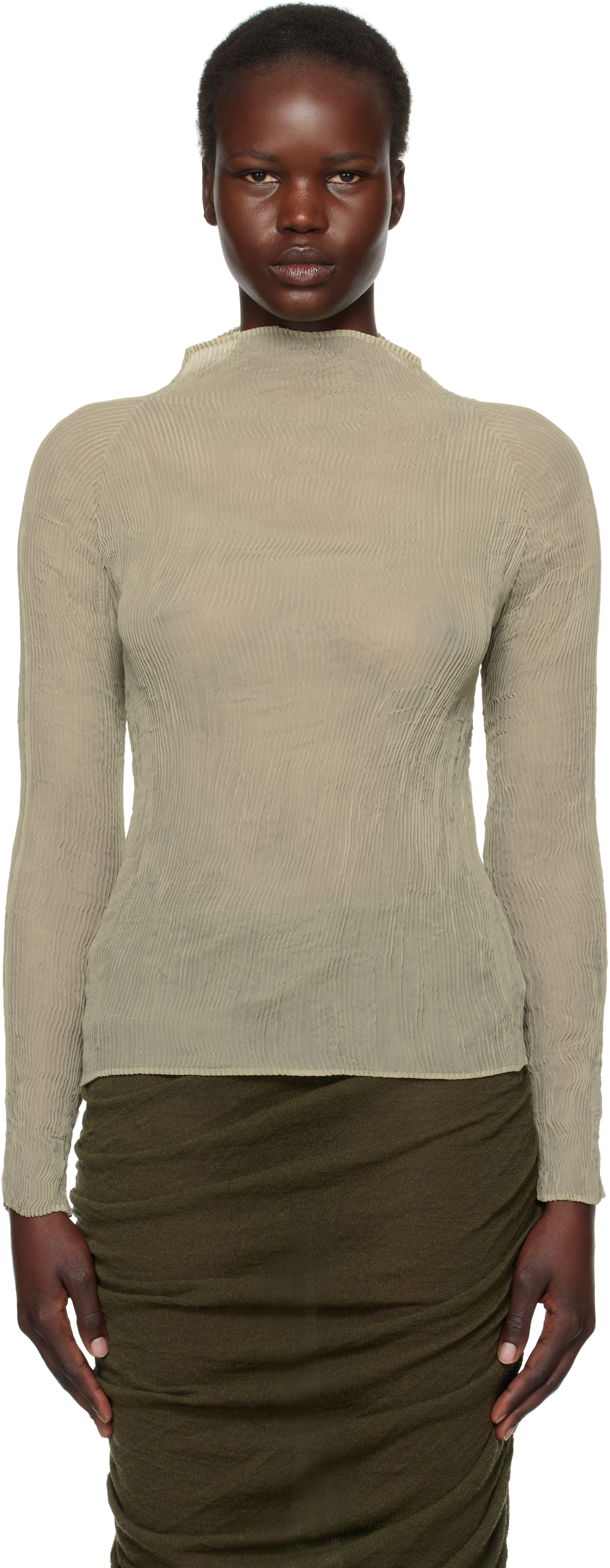 Водолазка цвета хаки из шифона Twist 3 ISSEY MIYAKE, Kudzu khaki 
Водолазка цвета хаки из шифона Twist 3 ISSEY MIYAKE, Kudzu khaki