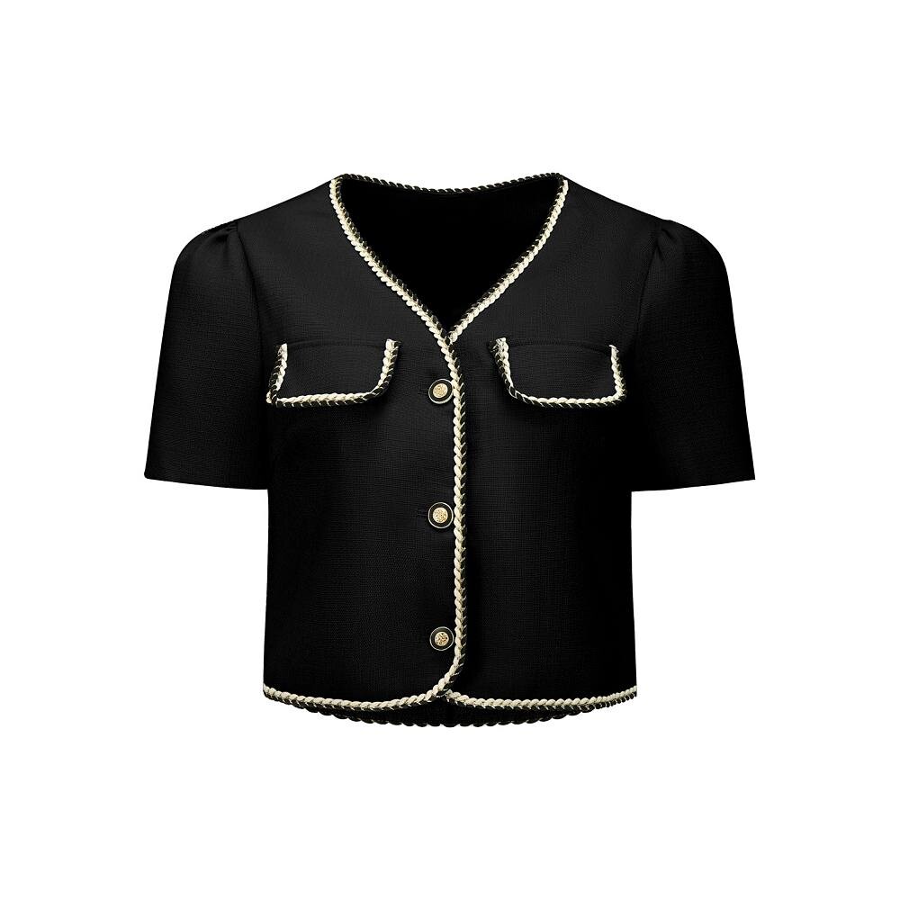 Женский твидовый пиджак контрастного цвета на пуговицах с коротким рукавом для работы в офисе Hombety, черный
Женский твидовый пиджак контрастного цвета на пуговицах с коротким рукавом для работы в офисе Hombety, черный