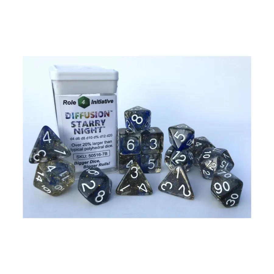 Многогранные игральные кости — Звездная ночь с белыми цифрами (15), Game Dice - Diffusion (Role 4 Initiative)
Многогранные игральные кости — Звездная ночь с белыми цифрами (15), Game Dice - Diffusion (Role 4 Initiative)