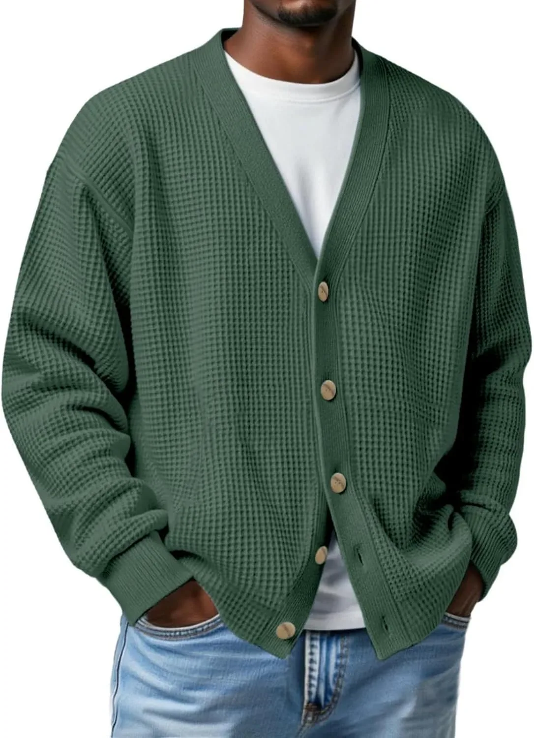 Мужской кардиган с фактурной вафельной вязкой, ранняя весна, легкий V-образный вырез
Мужской кардиган с фактурной вафельной вязкой, ранняя весна, легкий V-образный вырез