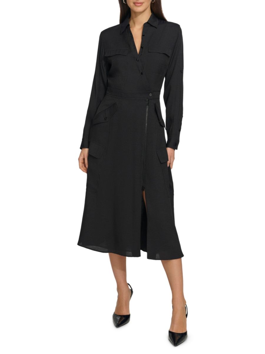 Шелковистое платье-карго миди с длинными рукавами DKNY, черный
Шелковистое платье-карго миди с длинными рукавами DKNY, черный