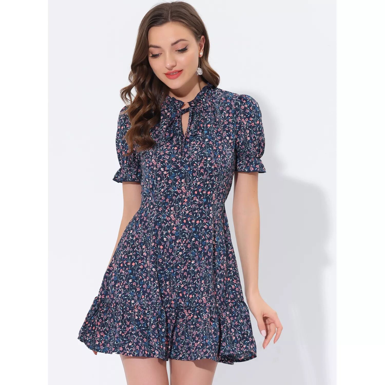 Женское шифоновое пышное платье с короткими рукавами и расклешенным галстуком-бабочкой с рюшами и цветочным принтом ALLEGRA K, фиолетовый