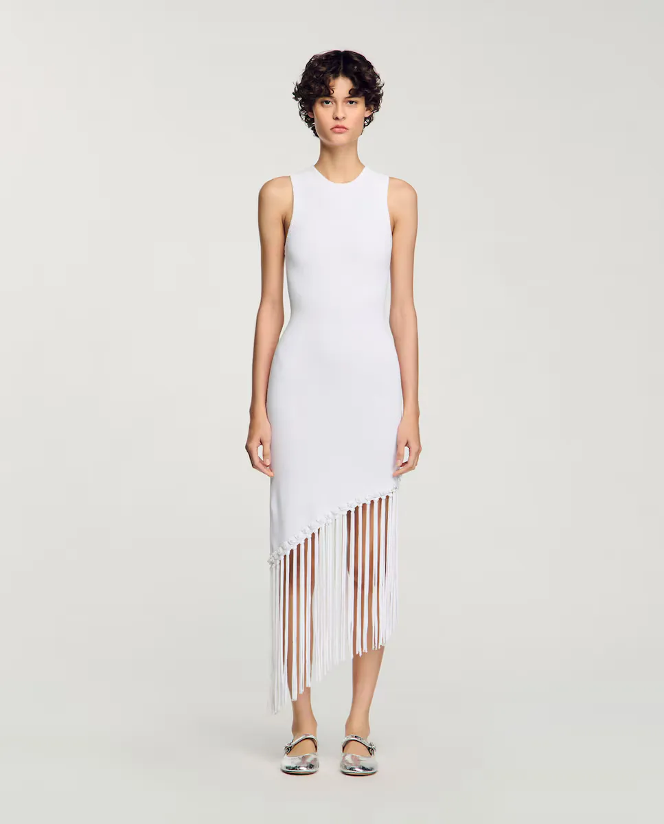Ассиметричное платье с бахромой и крючком Sandro, белый
Ассиметричное платье с бахромой и крючком Sandro, белый