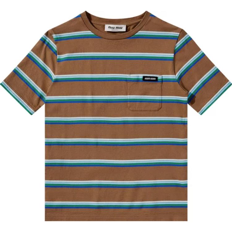 Футболка в полоску с нашивкой логотипа MIU MIU, сине-серая
Футболка в полоску с нашивкой логотипа MIU MIU, сине-серая