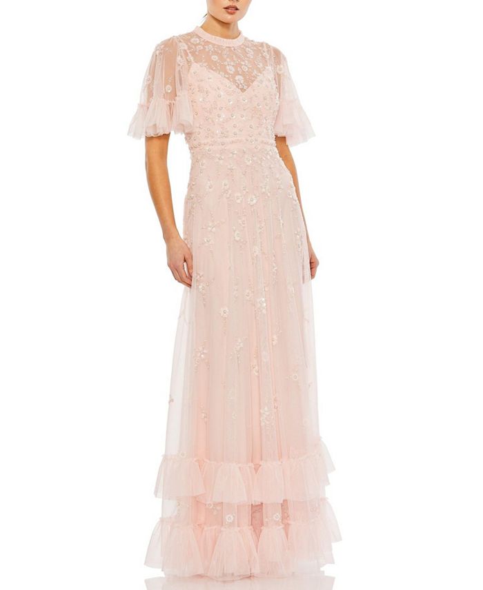 Платье-трапеция с рюшами, цветочным декором и расклешенными рукавами Mac Duggal, оранжевый