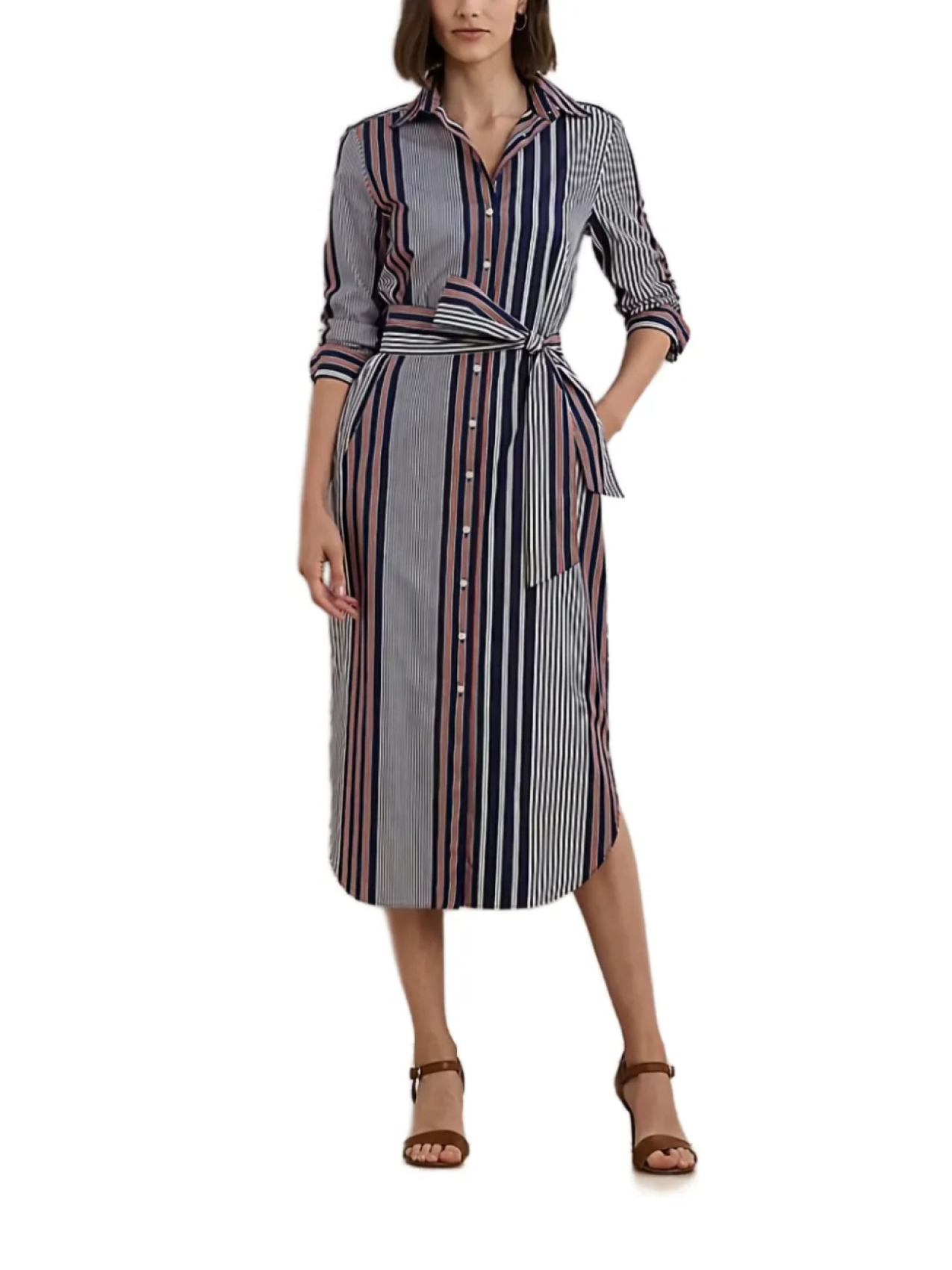 Lauren Ralph Lauren полосатое платье миди с поясом, синий 
Lauren Ralph Lauren полосатое платье миди с поясом, синий