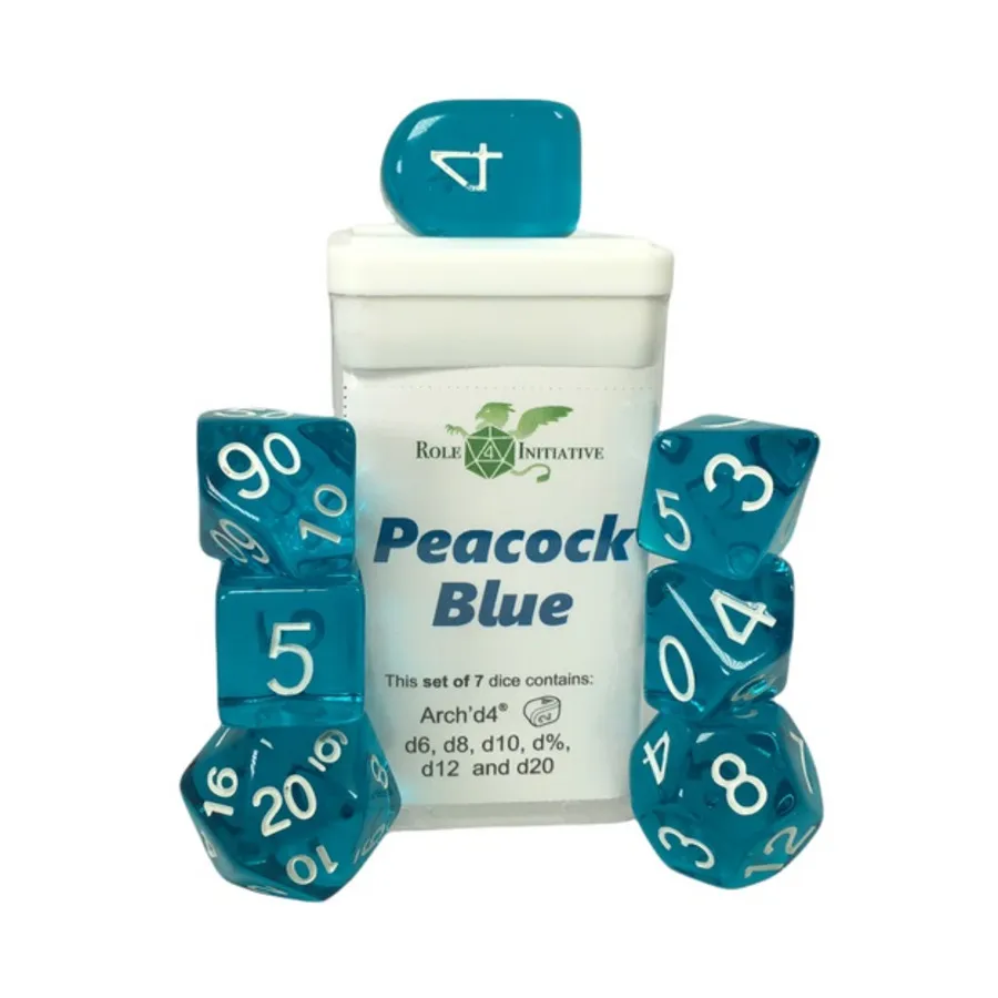 Многогранные игральные кости — синий павлин с белым и Arch'd4 (7), Game Dice - Translucent (Role 4 Initiative)
Многогранные игральные кости — синий павлин с белым и Arch'd4 (7), Game Dice - Translucent (Role 4 Initiative)