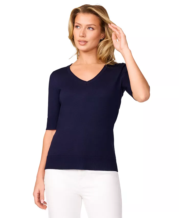 Женский свитер с V-образным вырезом и закатанными рукавами 3/4 Melissa Paige, синий 
Женский свитер с V-образным вырезом и закатанными рукавами 3/4 Melissa Paige, синий