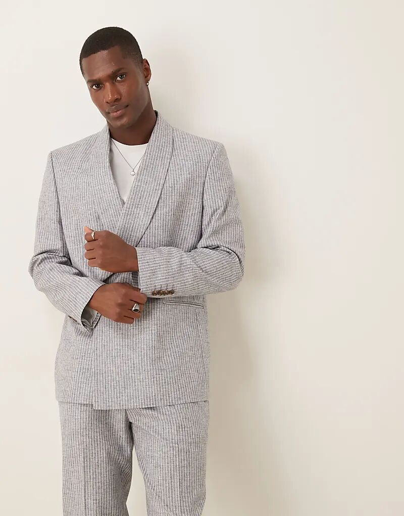 Двубортный пиджак ASOS DESIGN из льняной смеси в синюю полоску 
Двубортный пиджак ASOS DESIGN из льняной смеси в синюю полоску