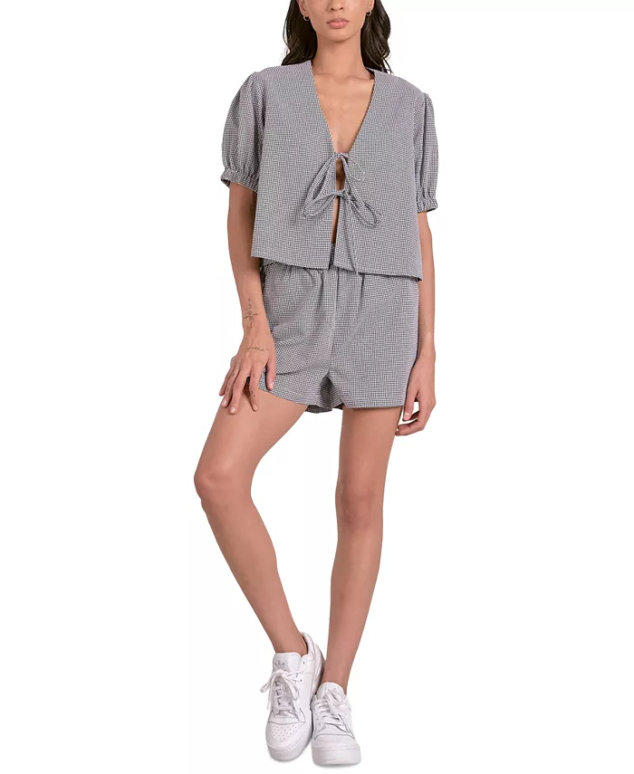 Женский топ в клетку виши с завязками спереди и рукавами-буфами и шорты в клетку виши Elan, мультиколор 
Женский топ в клетку виши с завязками спереди и рукавами-буфами и шорты в клетку виши Elan, мультиколор