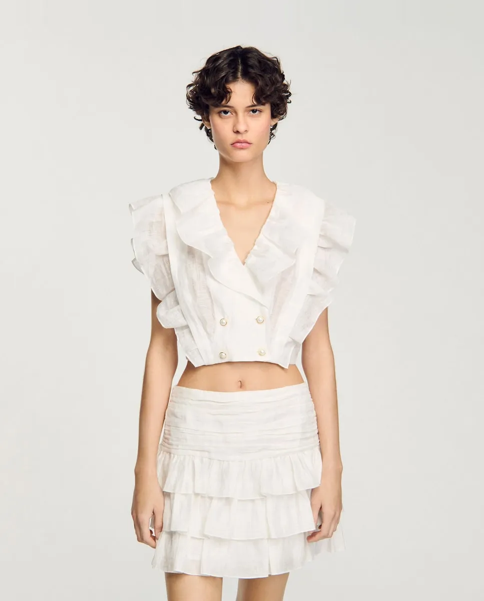 Женский топ с короткими рюшами Sandro, белый
Женский топ с короткими рюшами Sandro, белый