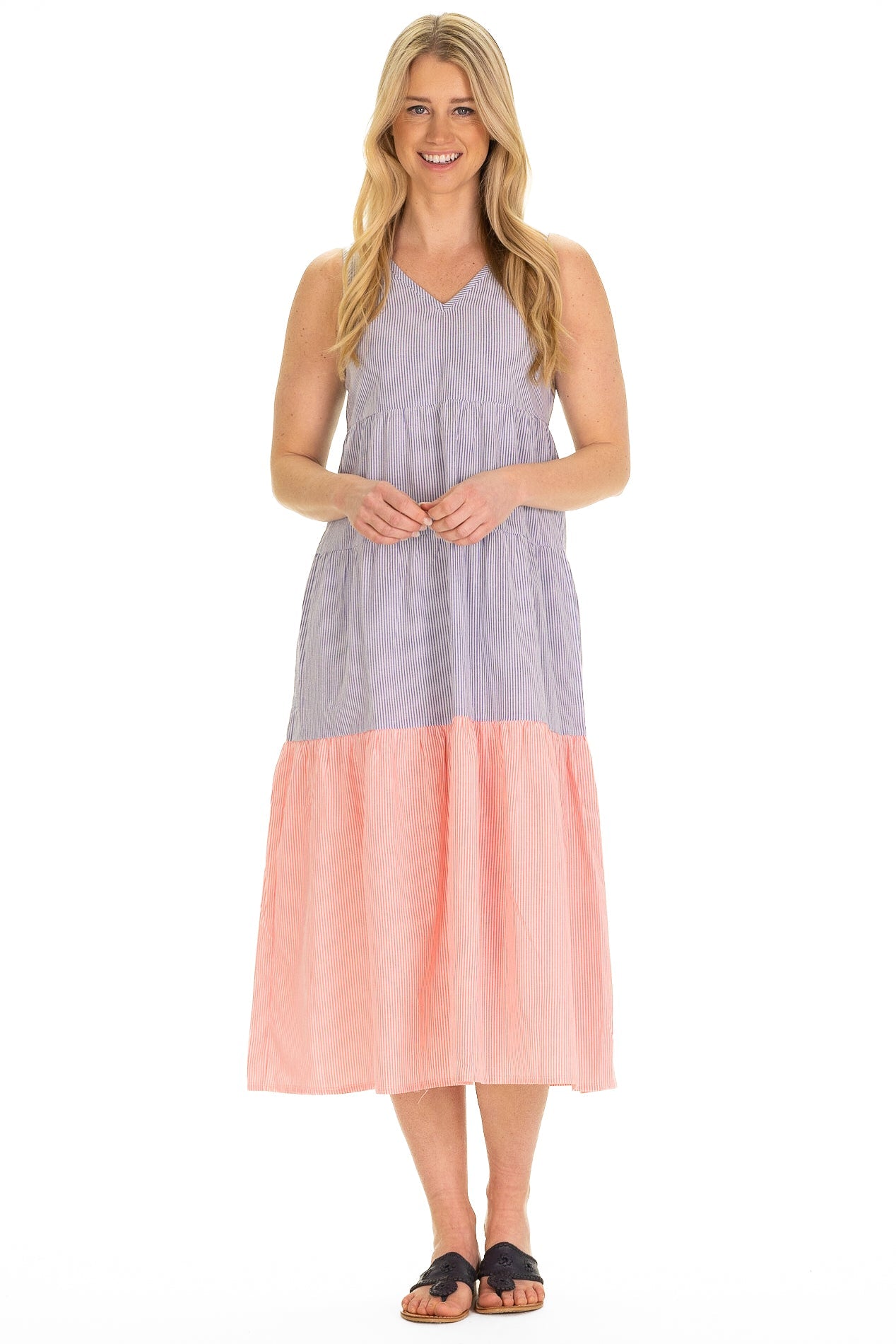 Платье Kalina в неоново-коралловом цвете и синем сирсакере Duffield Lane 
Платье Kalina в неоново-коралловом цвете и синем сирсакере Duffield Lane