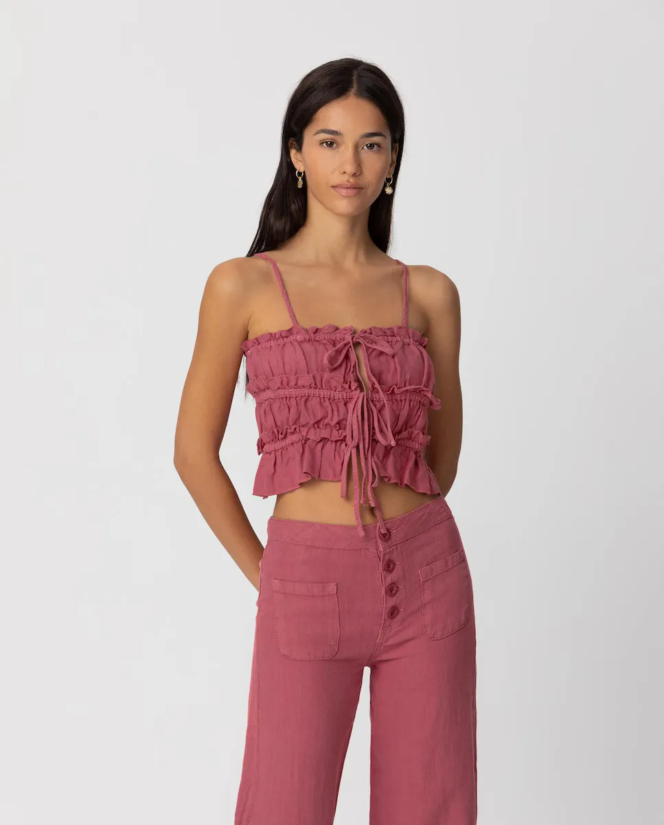 Женский укороченный льняной топ с оборками и завязкой Noon, розовый
Женский укороченный льняной топ с оборками и завязкой Noon, розовый