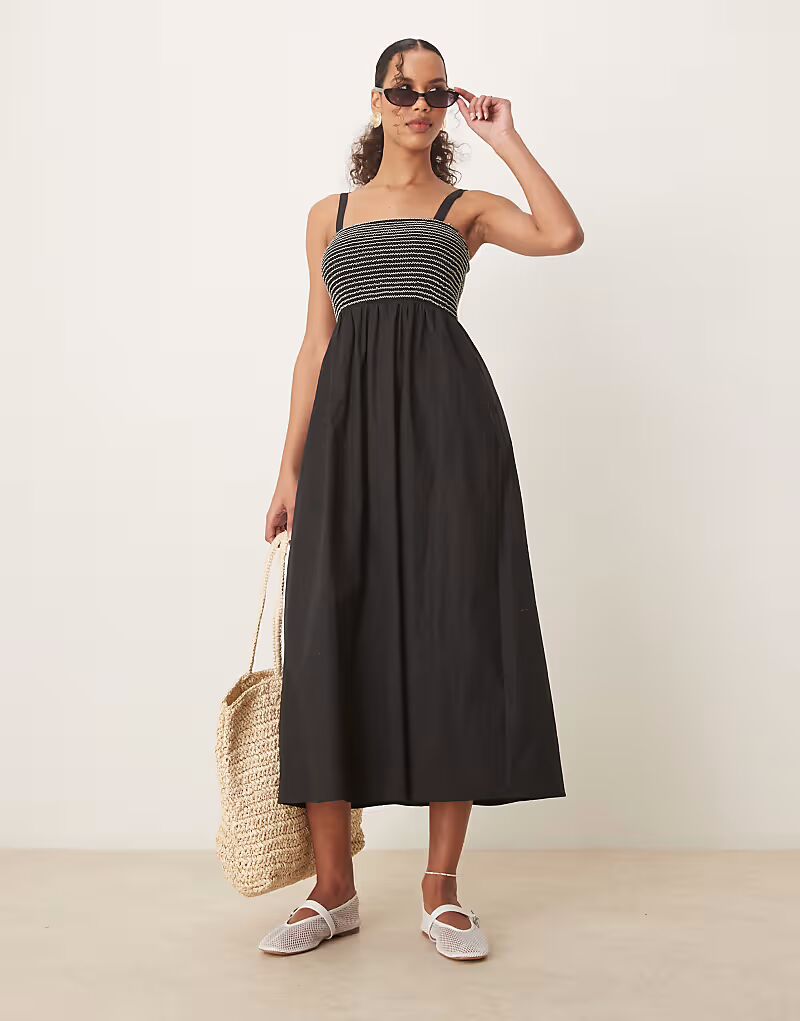 Длинное платье из потертого хлопка с контрастными сборками черного цвета Threadbare