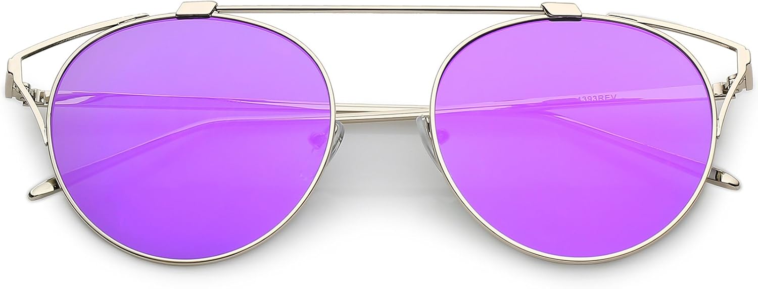 zeroUV - Современные солнцезащитные очки в форме «кошачий глаз» с металлической перекладиной, круглыми зеркальными плоскими линзами и вырезом, диаметр линз 55 мм, Gold / Purple Mirror
zeroUV - Современные солнцезащитные очки в форме «кошачий глаз» с металлической перекладиной, круглыми зеркальными плоскими линзами и вырезом, диаметр линз 55 мм, Gold / Purple Mirror