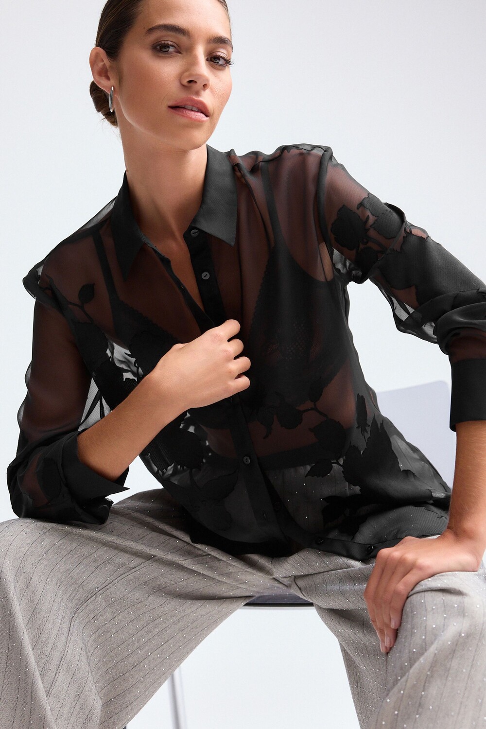 Жаккардовая цветочная рубашка с длинными рукавами Next, черный 
Жаккардовая цветочная рубашка с длинными рукавами Next, черный