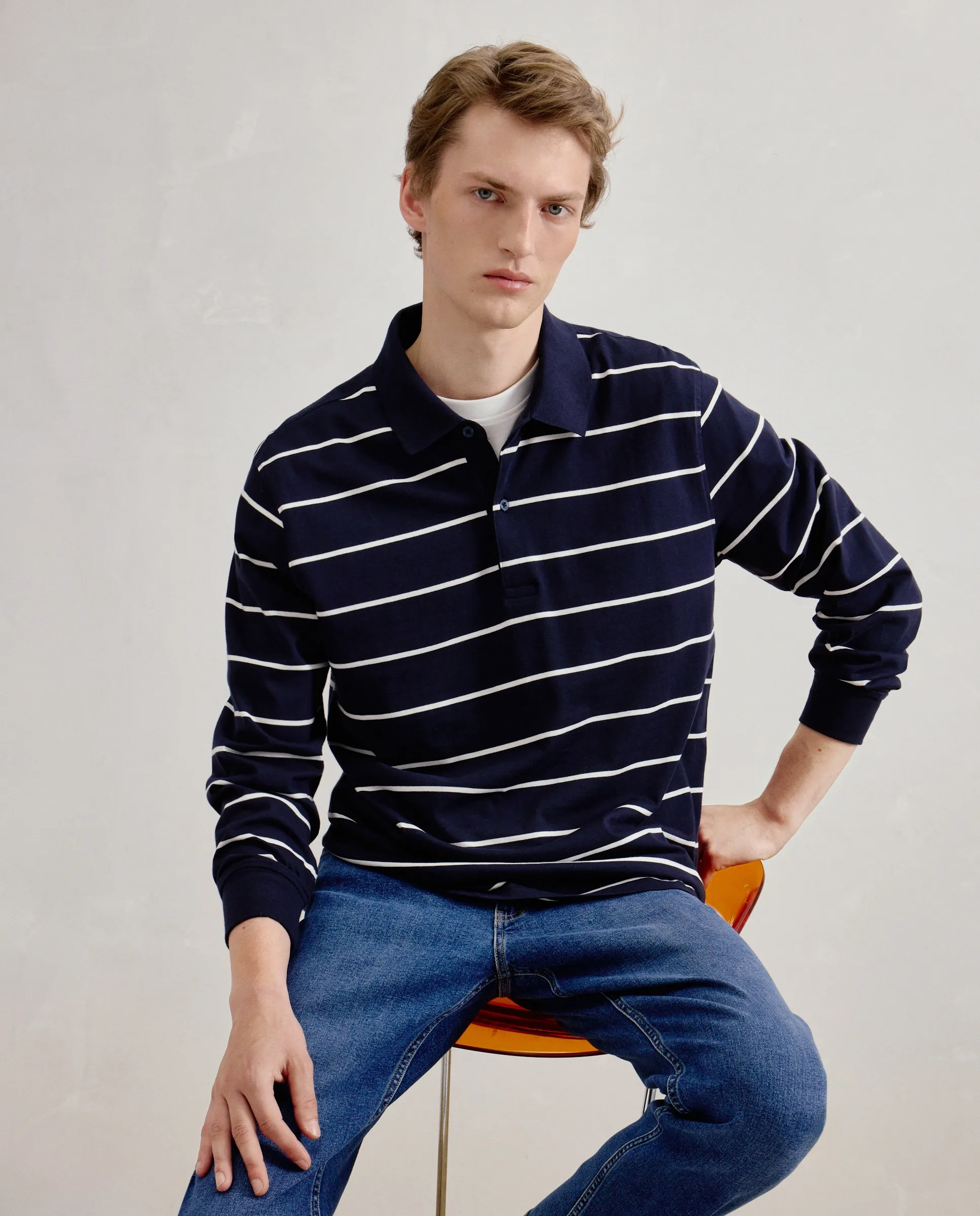 Мужская поло с длинным рукавом в тонкую полоску Dustin, индиго
Мужская поло с длинным рукавом в тонкую полоску Dustin, индиго