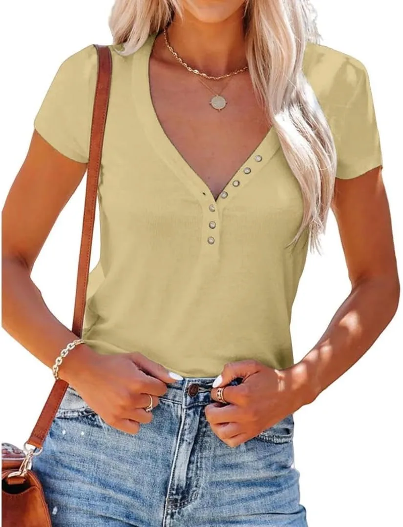 Женская летняя футболка Henley с коротким рукавом и V-образным вырезом
Женская летняя футболка Henley с коротким рукавом и V-образным вырезом