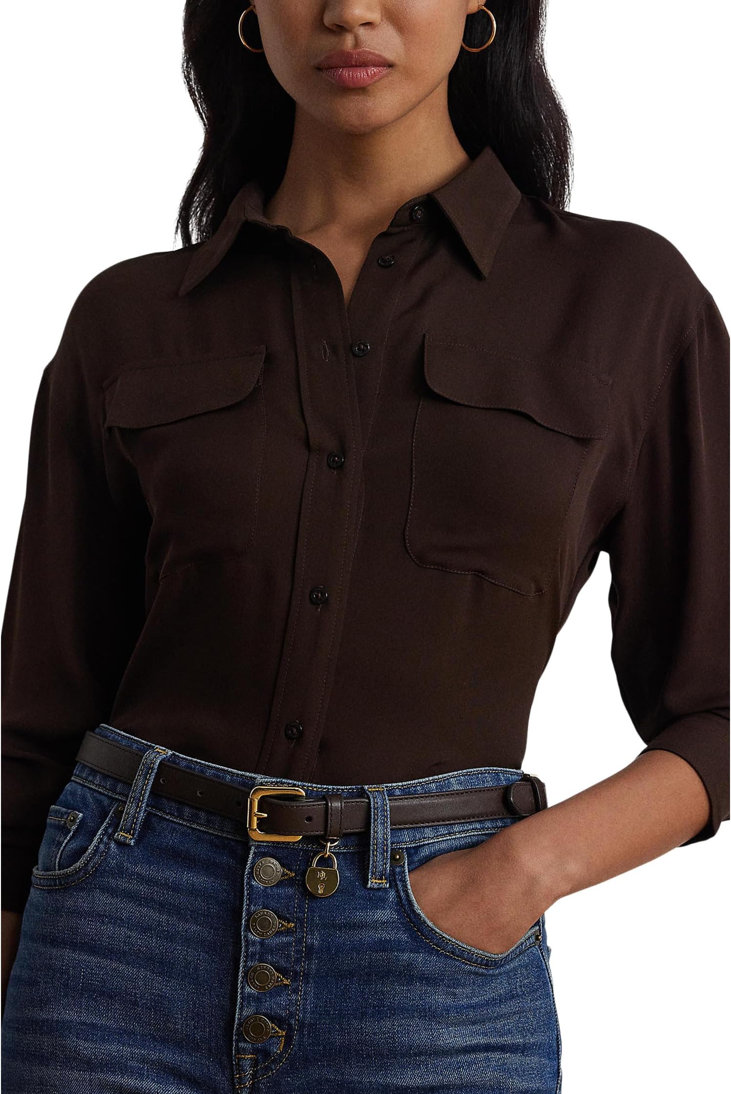 Рубашка Lauren Ralph Lauren Crepe de Chine Shirt, цвет Circuit Brown 
Рубашка Lauren Ralph Lauren Crepe de Chine Shirt, цвет Circuit Brown