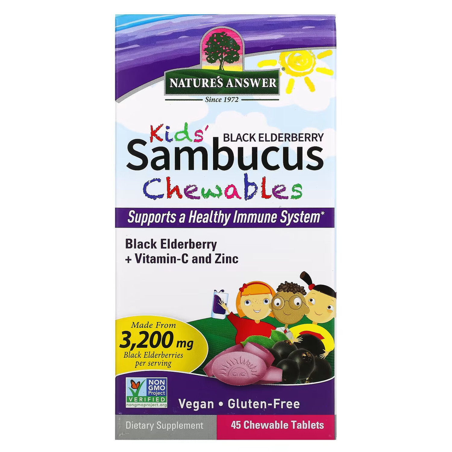 Nature's Answer, Kid's Sambucus, жевательные таблетки из черной бузины с витамином C и цинком, 45 жевательных таблеток
Nature's Answer, Kid's Sambucus, жевательные таблетки из черной бузины с витамином C и цинком, 45 жевательных таблеток