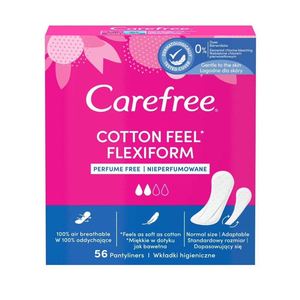 Carefree Cotton Feel FlexiForm ежедневные прокладки, 56 шт.
Carefree Cotton Feel FlexiForm ежедневные прокладки, 56 шт.