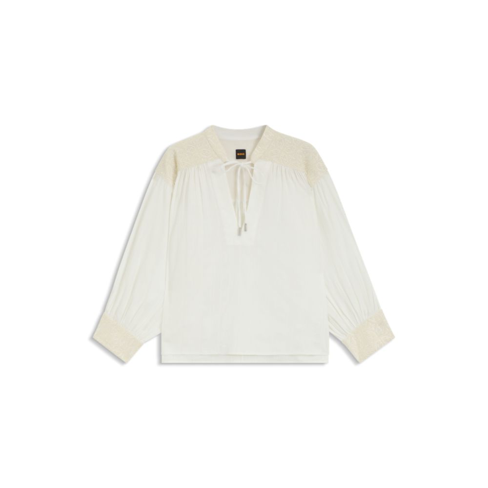 Блузка прямого кроя из хлопкового газа BOSS, белый
Блузка прямого кроя из хлопкового газа BOSS, белый