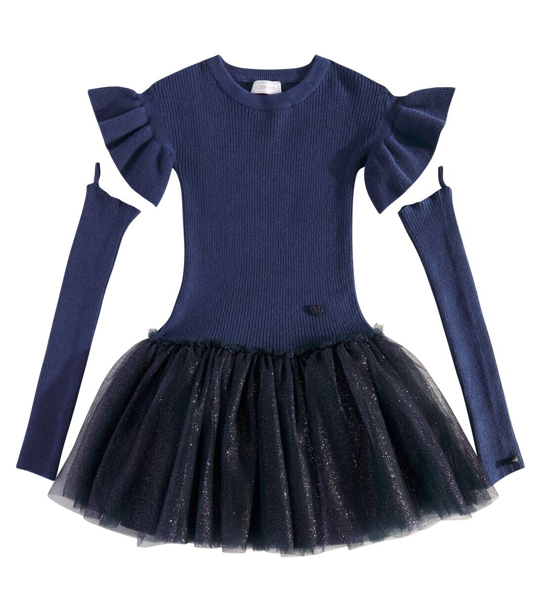 Платье из тюля с декором «Диана» Monnalisa, цвет blu/argento