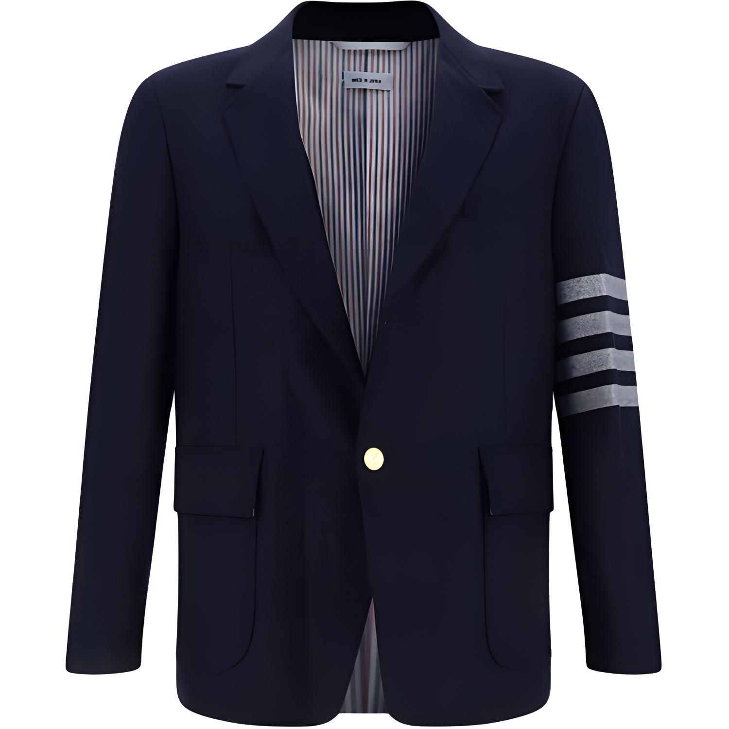 THOM BROWNE Однобортный полосатый приталенный пиджак, Marine Blue
THOM BROWNE Однобортный полосатый приталенный пиджак, Marine Blue