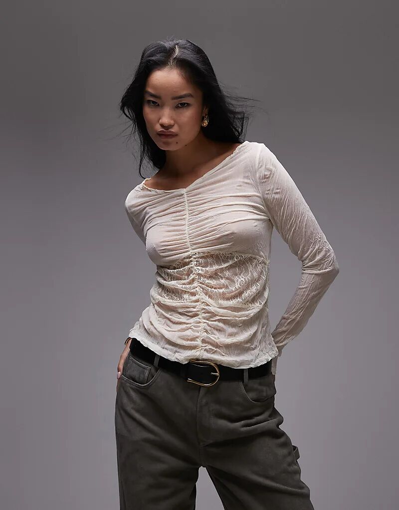 Топ с длинными рукавами из жатого кружева цвета экрю Topshop
Топ с длинными рукавами из жатого кружева цвета экрю Topshop